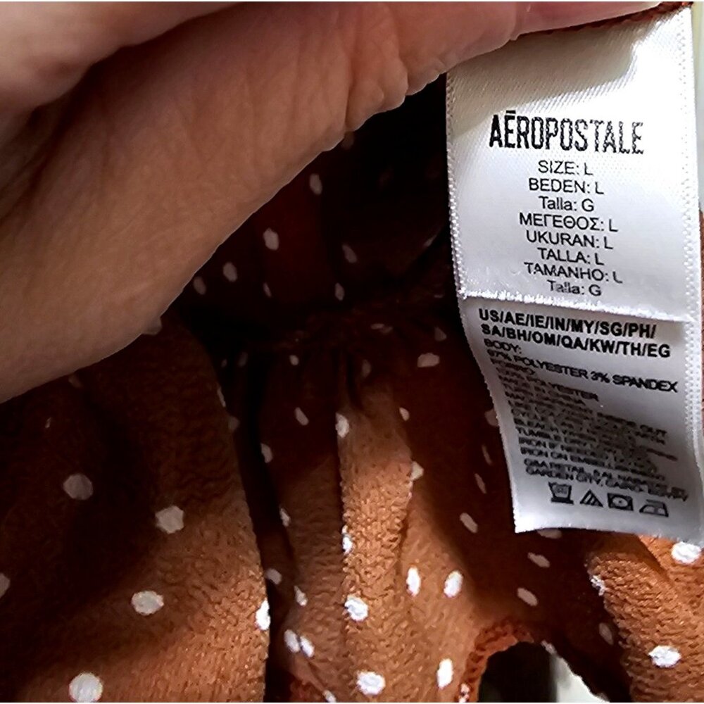 Aeropostale Brown Polka Dot Puff Sleeve Dress Size L Ruffle Hem - Picture 5 of 8